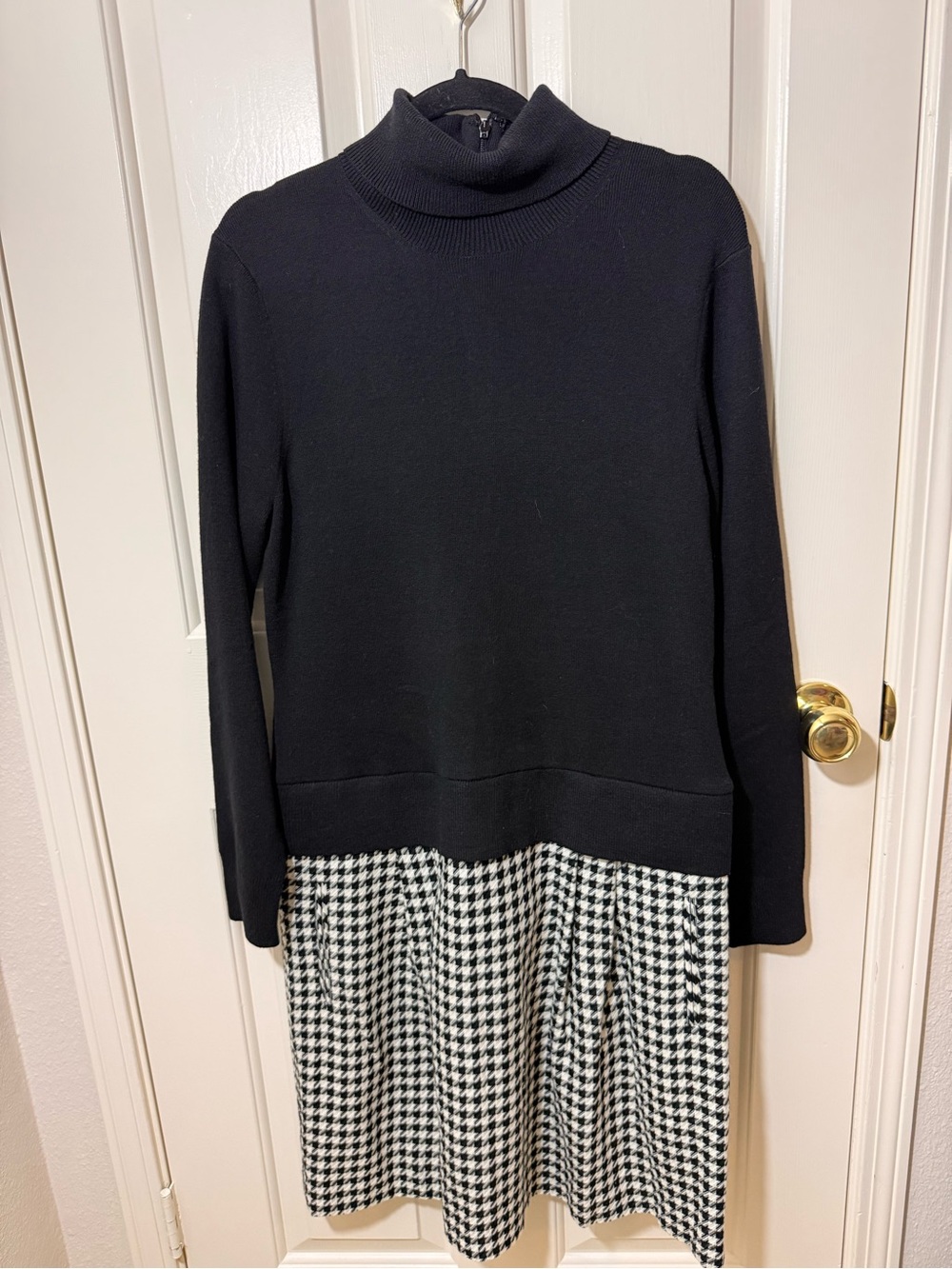 Talbots Black Knit Top with Black-and-White Houndstooth Skirt Dress